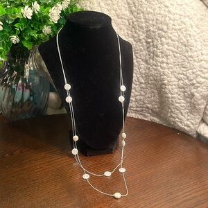 Silver-tone, double-strand necklace with flat, circular white beads